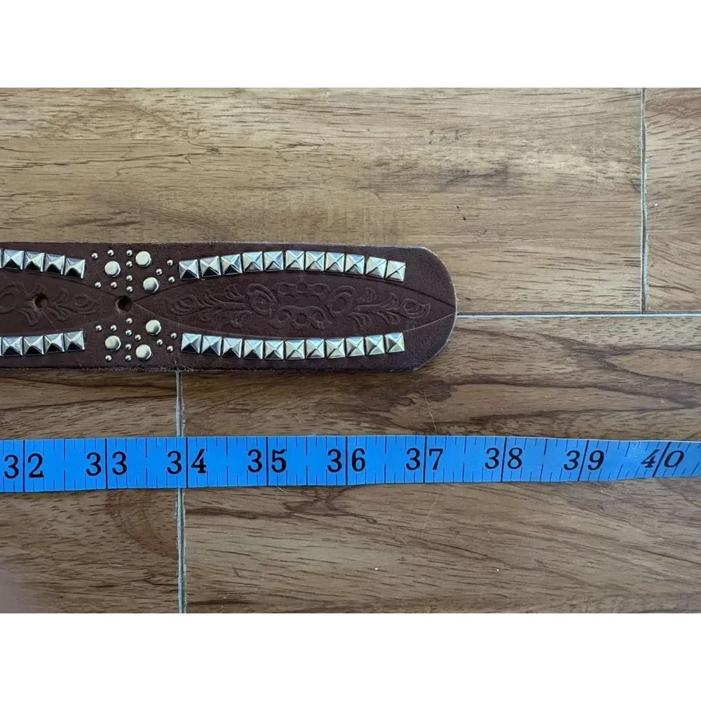 Vintage Brown Leather Studded Belt Silver Pyramid Studs Western Boho Punk Sz 36